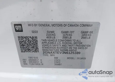 2022 Chevrolet Equinox Awd 2Fl from USA, damaged, VIN 2GNAXTEV3N6125389